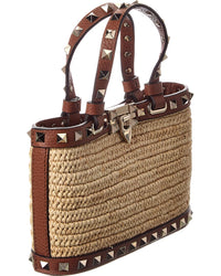 Valentino Valentino Rockstud Mini Straw & Leather Tote
