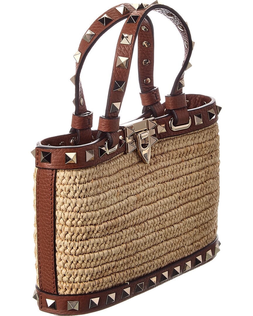 Valentino Valentino Rockstud Mini Straw & Leather Tote
