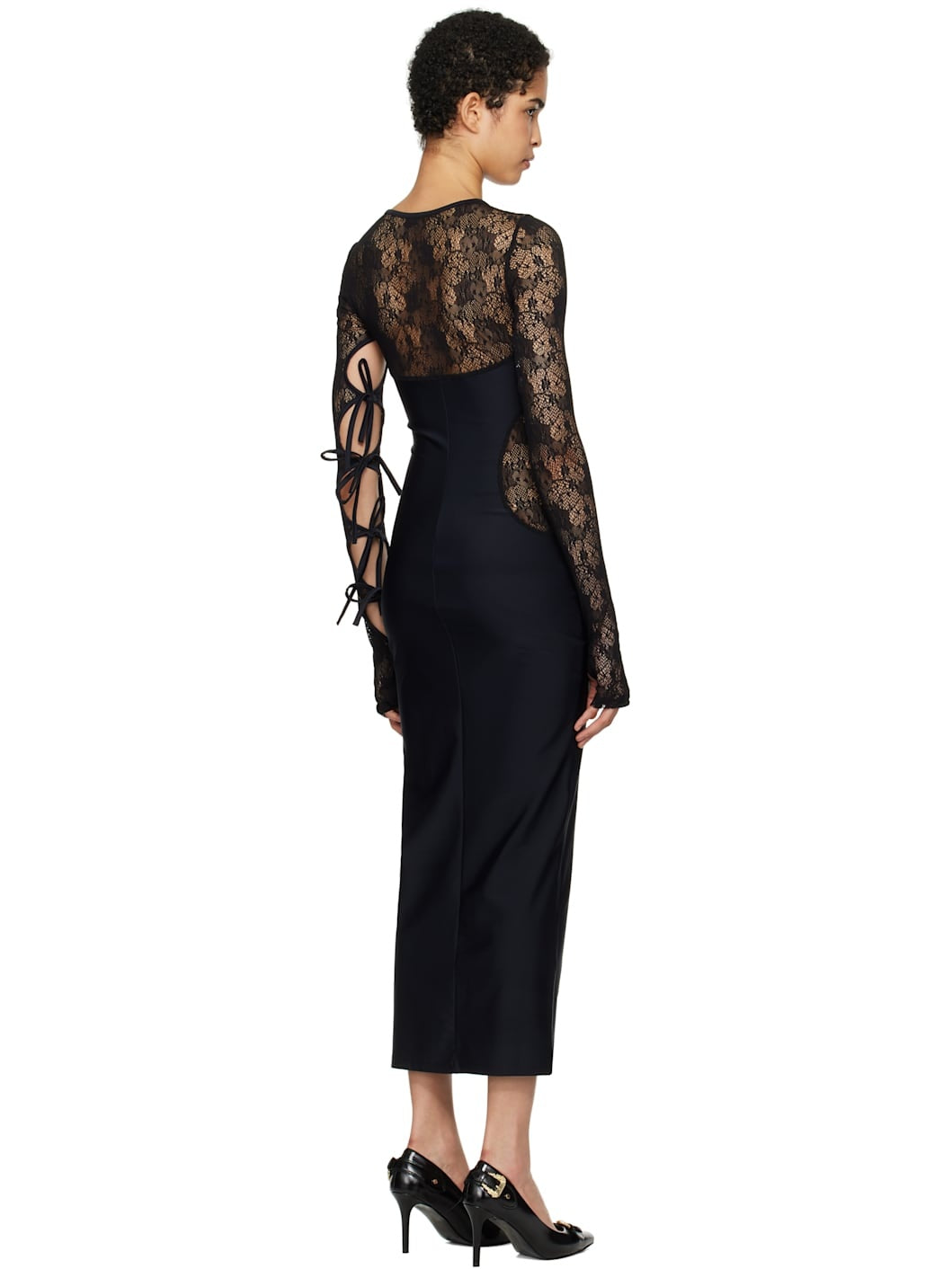 Versace Jeans Couture Lace-Inset Cut-Out Black Midi Dress with Logo Bar