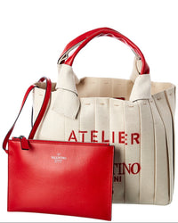 Valentino Atelier 05 Plisse Edition Medium Canvas & Leather Tote