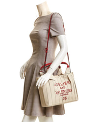 Valentino Atelier 05 Plisse Edition Medium Canvas & Leather Tote