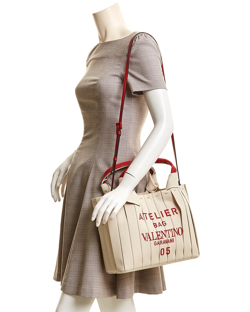 Valentino Atelier 05 Plisse Edition Medium Canvas & Leather Tote