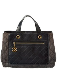 Chanel Black Denim Calfskin Leather Denim Quilted Tote (Authentic Pre-Loved)