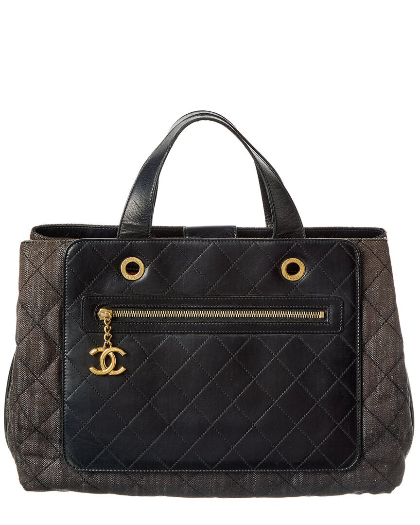 Chanel Black Denim Calfskin Leather Denim Quilted Tote (Authentic Pre-Loved)
