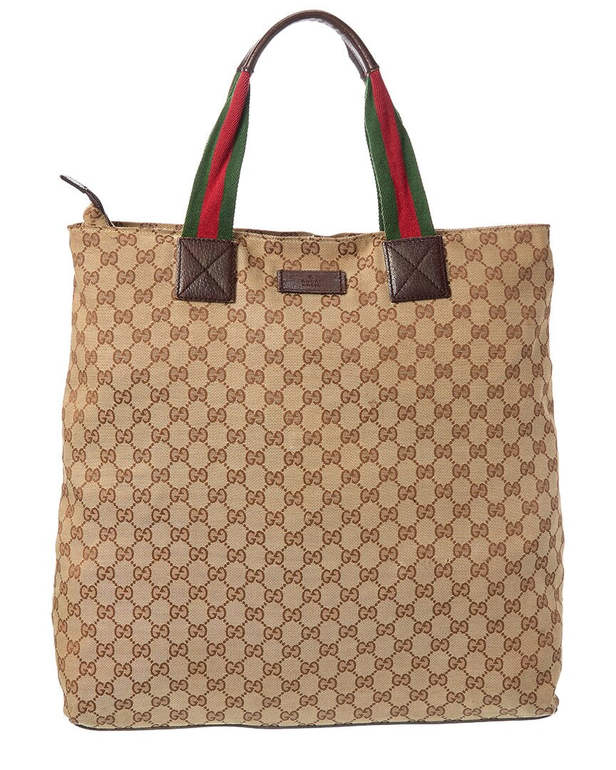 Gucci Gucci Beige Gg Canvas & Leather Web Handle Vertical Tote (Authentic Pre-Loved)