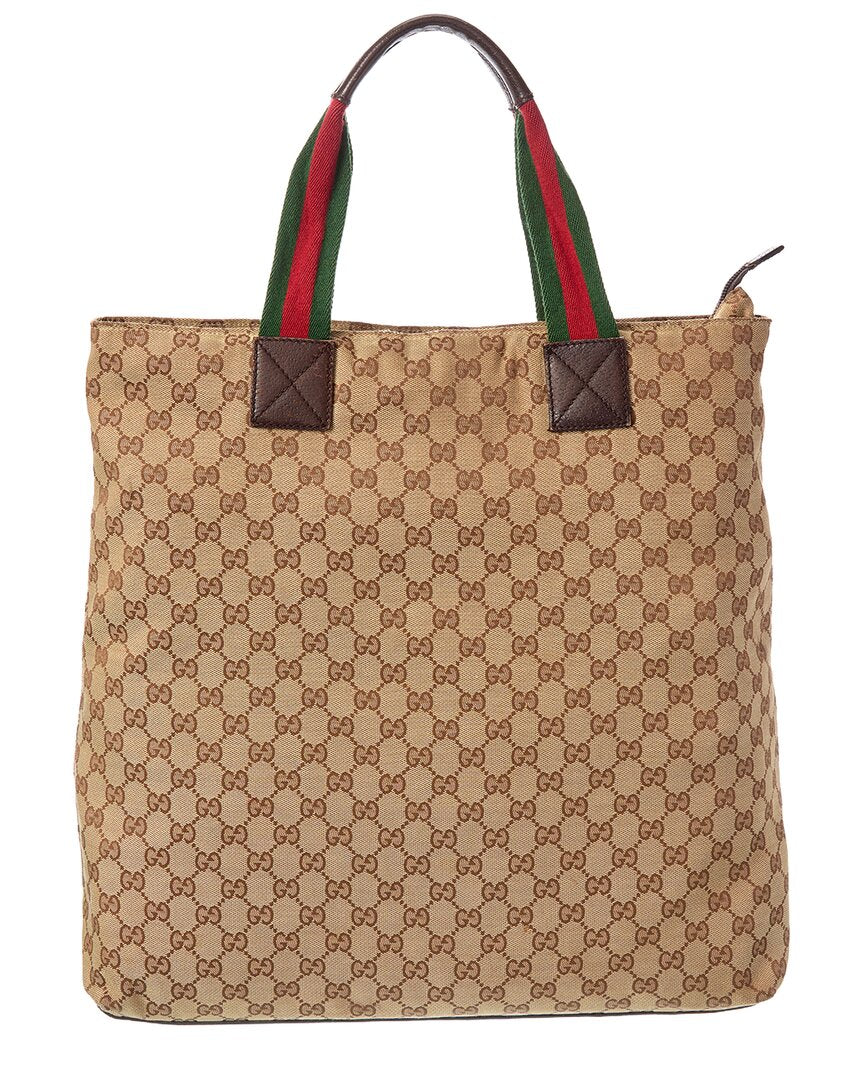 Gucci Gucci Beige Gg Canvas & Leather Web Handle Vertical Tote (Authentic Pre-Loved)
