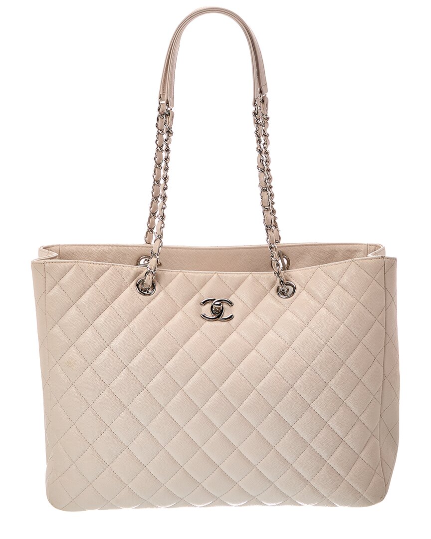 Chanel Chanel Ivory Quilted Caviar Leather Large Cc Shopping Tote (Authentic Pre-Loved)