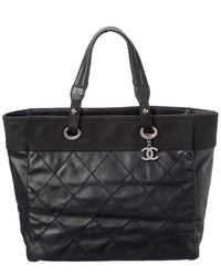 Pre-Owned Chanel Black Quilted Leather Paris Biarritz Tote Ginpaku Handmade Bag (Authentic
