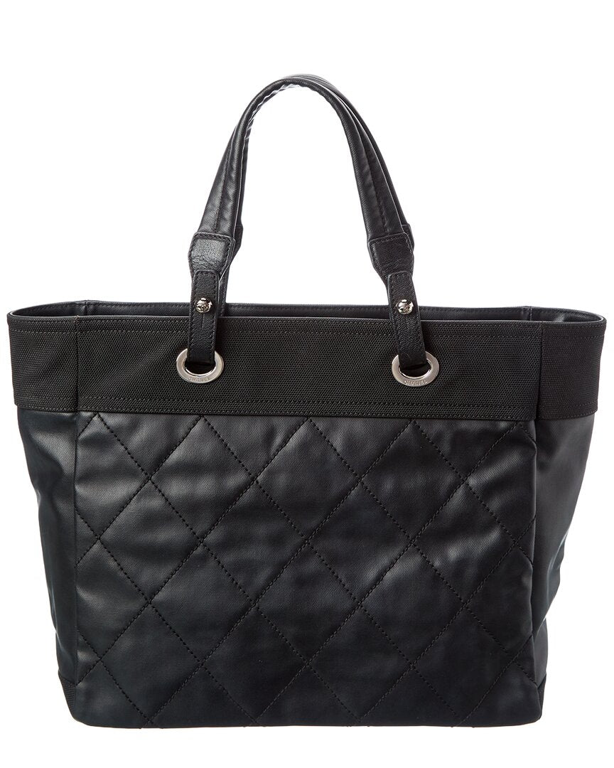 Pre-Owned Chanel Black Quilted Leather Paris Biarritz Tote Ginpaku Handmade Bag (Authentic