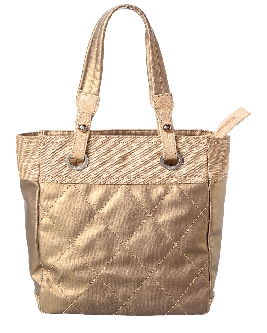 Pre-Owned Chanel Gold Quilted Canvas Paris Biarritz Pm Tote (Authentic Pre-Loved)