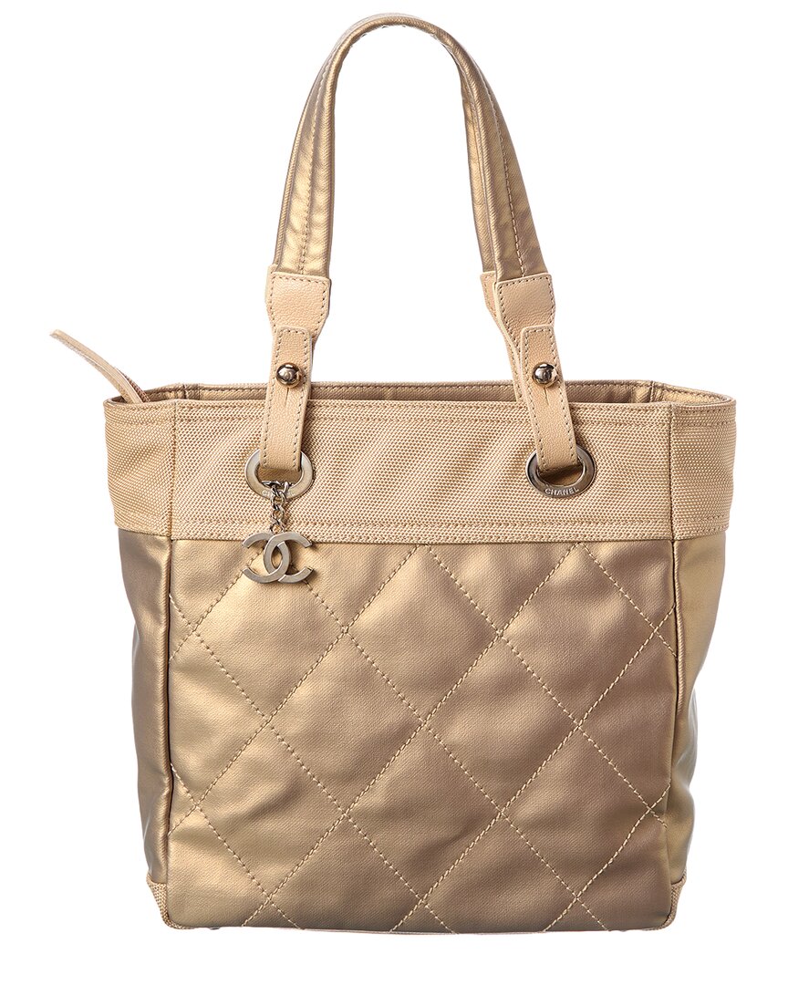 Pre-Owned Chanel Gold Quilted Canvas Paris Biarritz Pm Tote (Authentic Pre-Loved)
