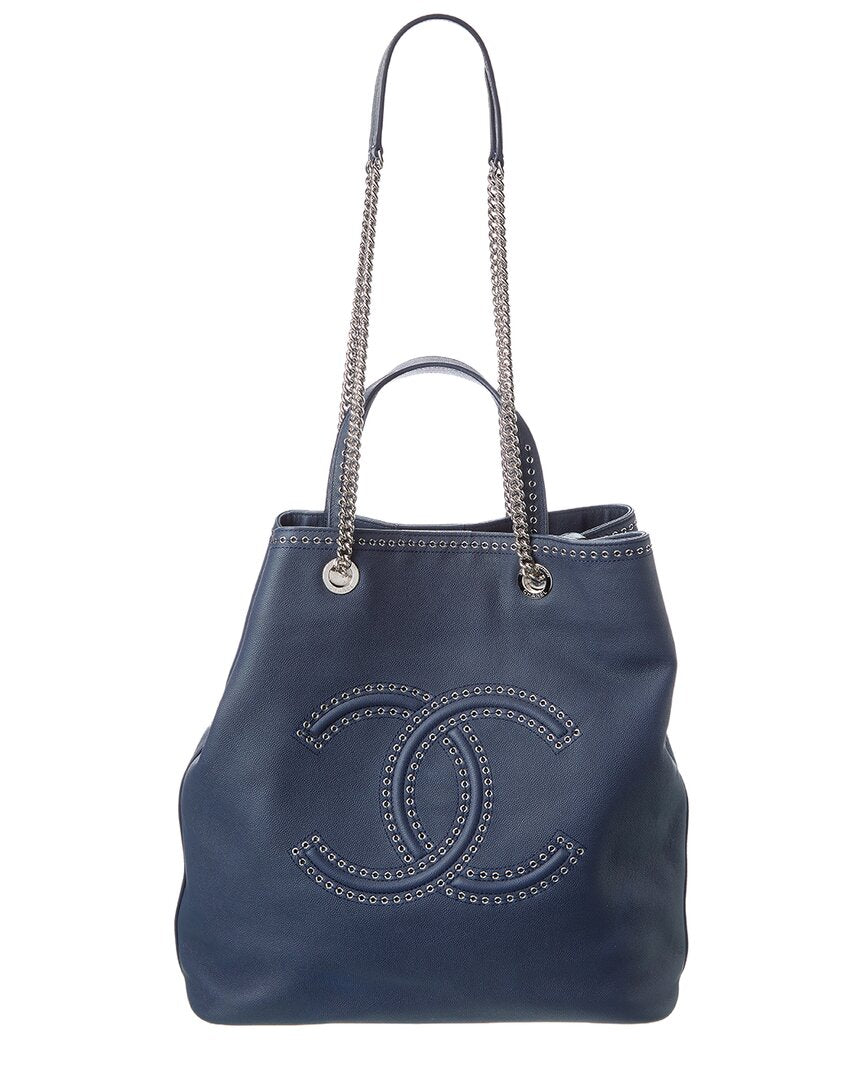 Chanel Chanel Navy Quilted Calfskin Leather Coco Eyelets Large Shopping Tote (Authentic