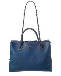 Chanel Chanel Blue Quilted Grained Vegetal Calfskin Leather Vegetal Leather Shopping