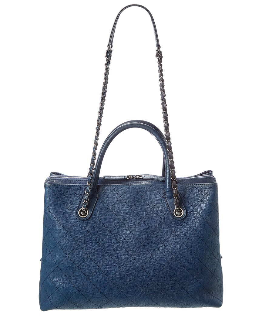 Chanel Chanel Blue Quilted Grained Vegetal Calfskin Leather Vegetal Leather Shopping