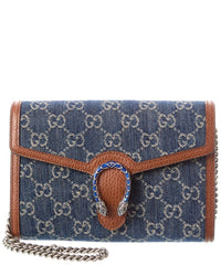 Gucci Pre-Owned Gucci Blue Denim & Brown Leather Dionysus Wallet On Chain (Authentic Pre-Loved)