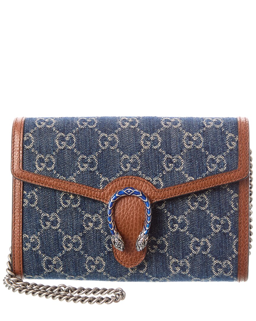Gucci Pre-Owned Gucci Blue Denim & Brown Leather Dionysus Wallet On Chain (Authentic Pre-Loved)