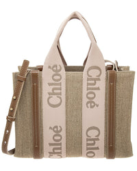 Chloé Chloé Woody Small Linen & Leather Tote