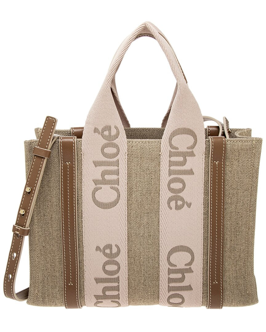 Chloé Chloé Woody Small Linen & Leather Tote