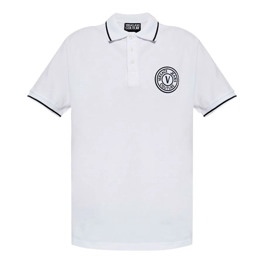 Versace Jeans Couture White Mens Polo Shirt with Black Logo Embroidery