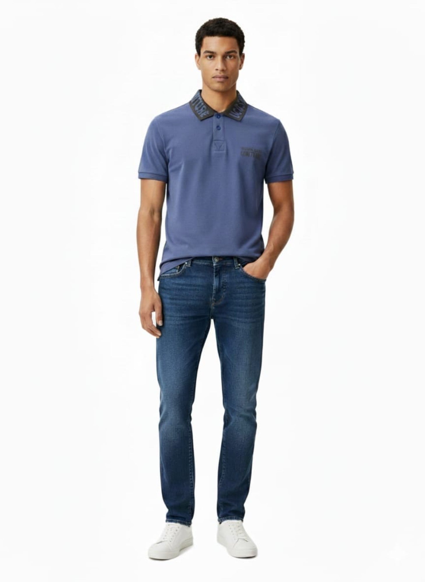 Versace Jeans Couture Steel Blue Mens Polo Shirt with Contrast Collar
