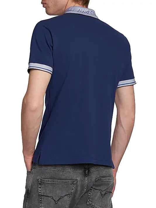 Versace Jeans Couture Steel Blue Mens Polo Shirt with Baroque Collar Detail