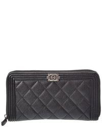 Chanel Black Grained Calfskin Leather Boy Zip Around Organizer Wallet (Authentic