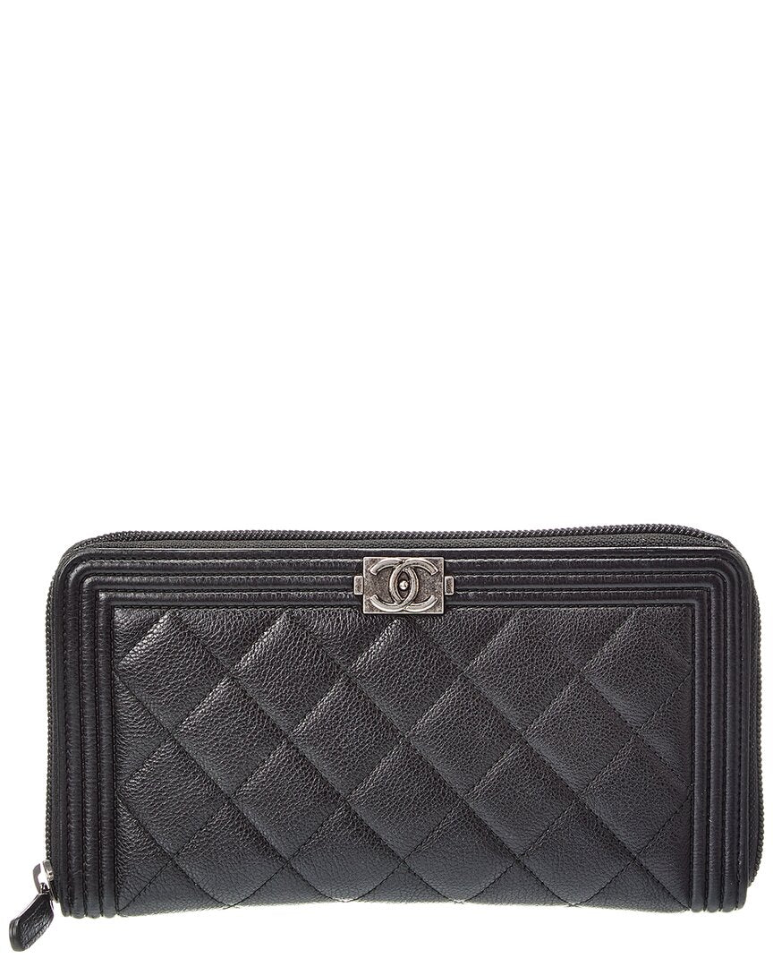 Chanel Black Grained Calfskin Leather Boy Zip Around Organizer Wallet (Authentic