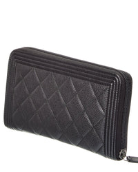 Chanel Black Grained Calfskin Leather Boy Zip Around Organizer Wallet (Authentic