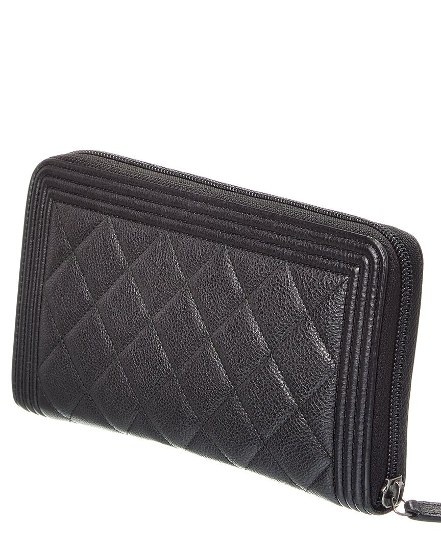 Chanel Black Grained Calfskin Leather Boy Zip Around Organizer Wallet (Authentic