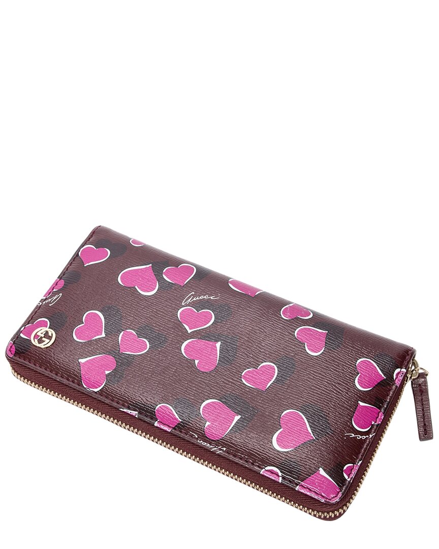 Gucci Gucci Burgundy Heart Print Leather Heartbeat Zip Around Wallet (Authentic Pre-