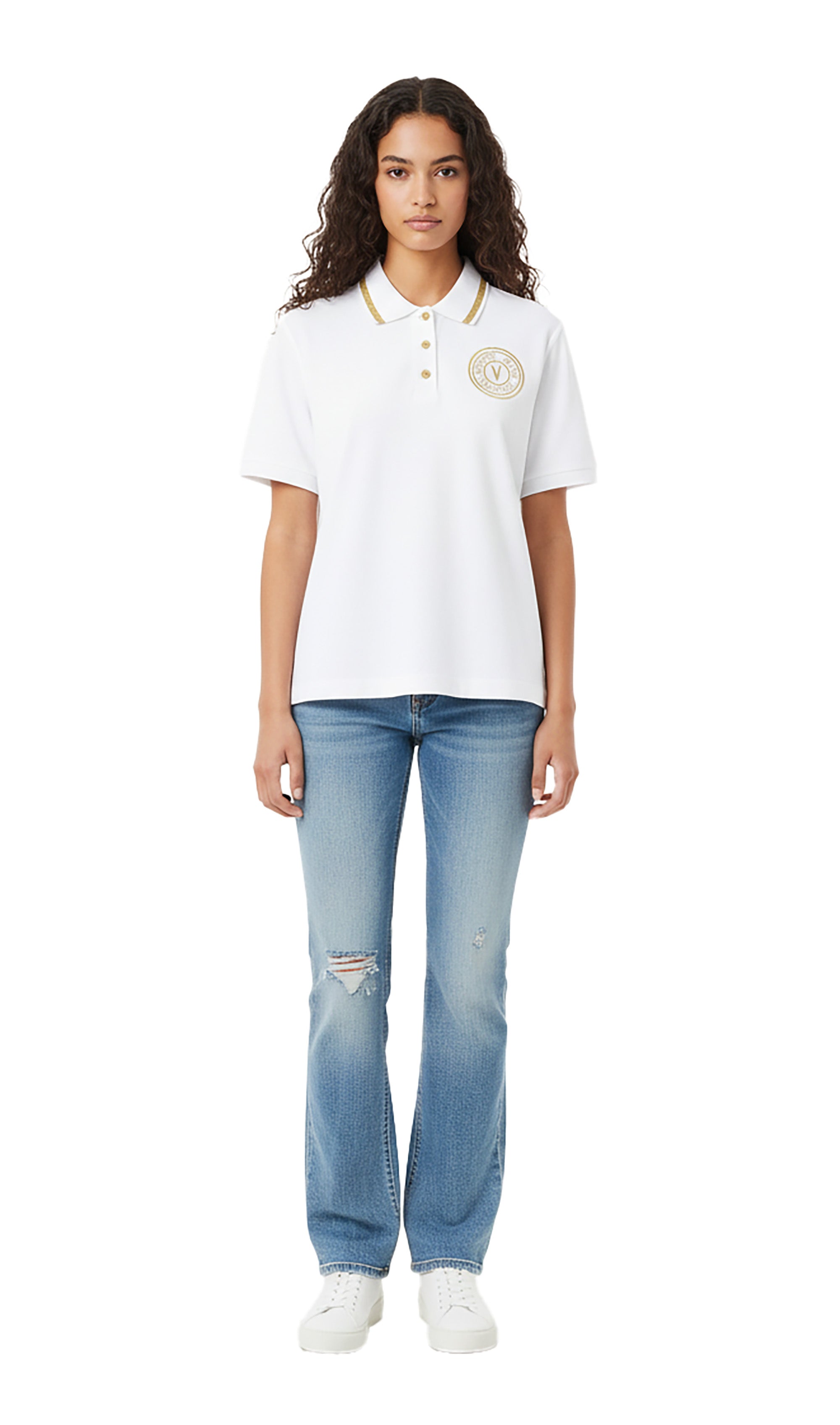 Versace Jeans Couture White/Gold Embroidered Medallion Womens Polo Shirt-