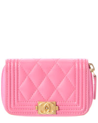 Chanel Chanel Pink Quilted Lambskin Leather Boy Zip Around Coin Case (Authentic Pre-