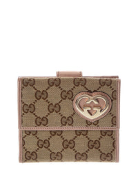 Gucci Gucci Brown Gg Canvas & Leather Lovely Heart French Flap Wallet (Authentic