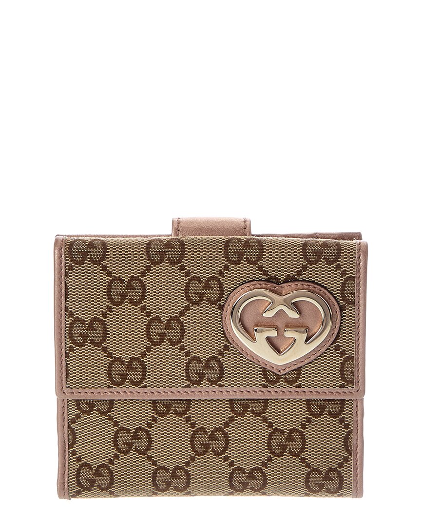 Gucci Gucci Brown Gg Canvas & Leather Lovely Heart French Flap Wallet (Authentic