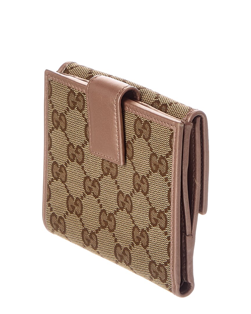 Gucci Gucci Brown Gg Canvas & Leather Lovely Heart French Flap Wallet (Authentic