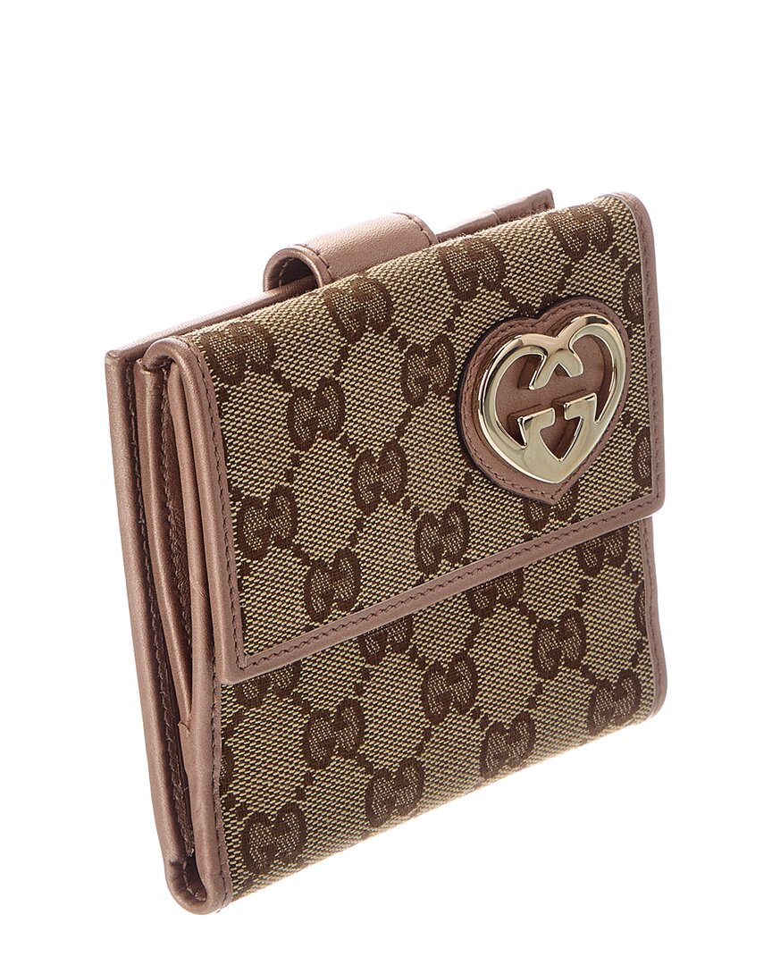 Gucci Gucci Brown Gg Canvas & Leather Lovely Heart French Flap Wallet (Authentic