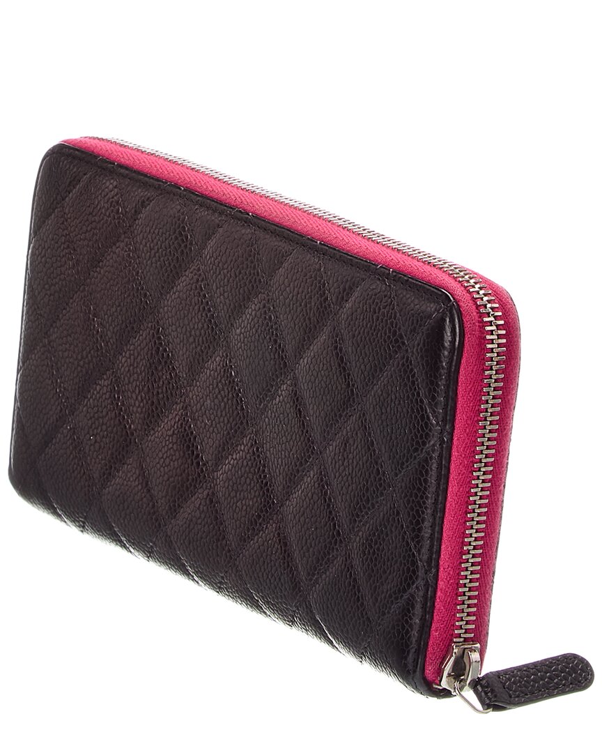 Chanel Chanel Black Pink Quilted Caviar Leather Large Gusset Zip Around Wallet