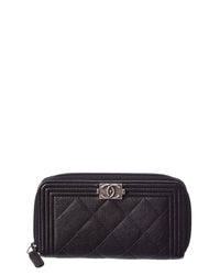 Pre-Owned Chanel Black Caviar Leather Boy Zip Around Wallet (Authentic Pre-Loved)