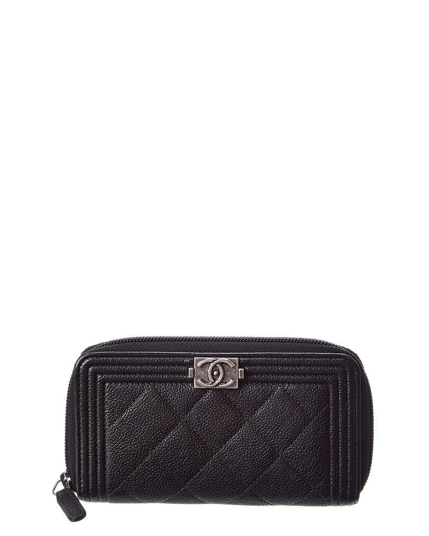 Pre-Owned Chanel Black Caviar Leather Boy Zip Around Wallet (Authentic Pre-Loved)