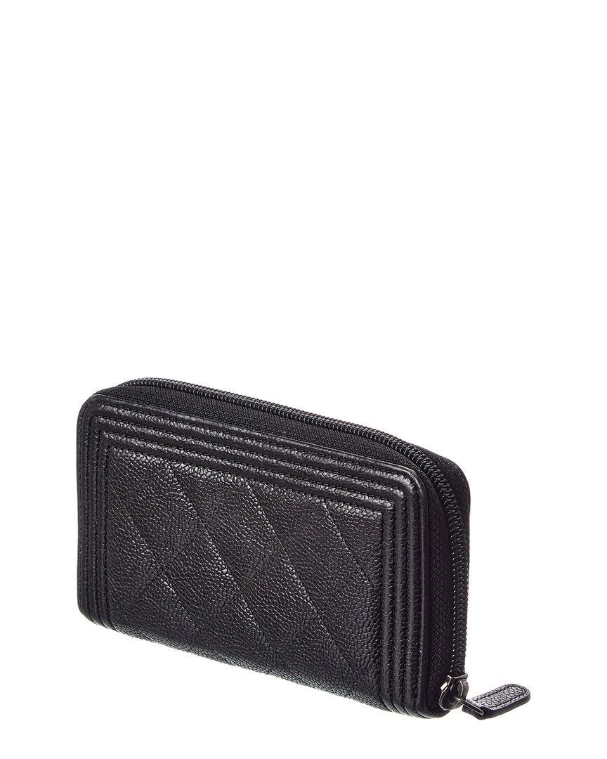 Pre-Owned Chanel Black Caviar Leather Boy Zip Around Wallet (Authentic Pre-Loved)