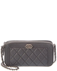 Chanel Pre-Owned Chanel Black Quilted Caviar Leather Caviar Boy Double Zip Wallet On Chain