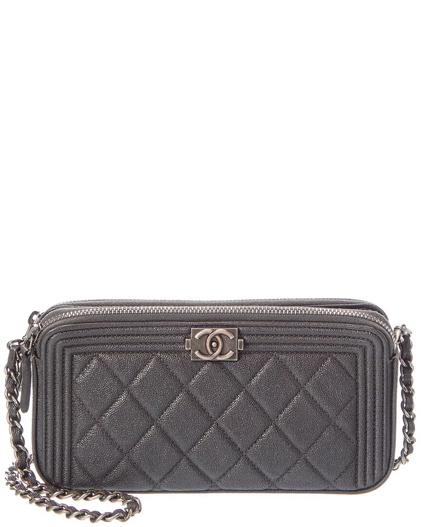 Chanel Pre-Owned Chanel Black Quilted Caviar Leather Caviar Boy Double Zip Wallet On Chain