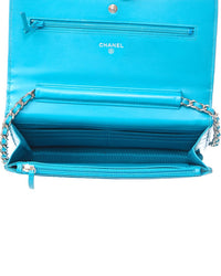 Pre-Owned Chanel Blue Quilted Patent Leather Patent Wallet On Chain (Authentic Pre-Loved)