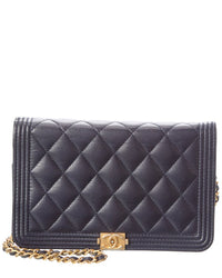 Chanel Pre-Owned Chanel Navy Quilted Caviar Leather Boy Wallet On Chain (Authentic Pre-Loved)