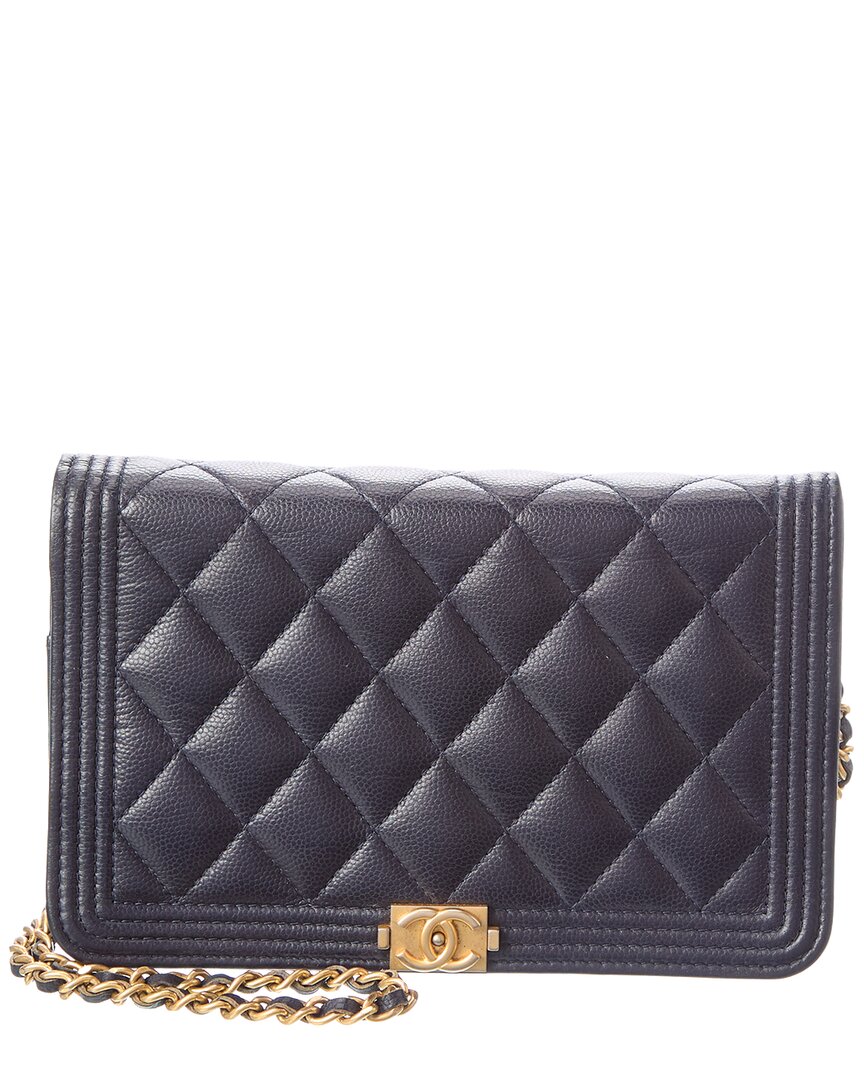 Chanel Pre-Owned Chanel Navy Quilted Caviar Leather Boy Wallet On Chain (Authentic Pre-Loved)