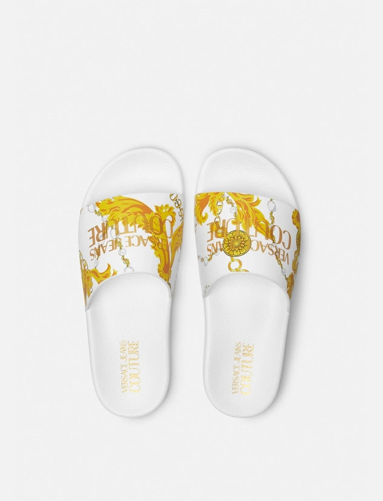 Versace Jeans Couture Baroque-Print White Slide Sandals with Gold Accent Detailing