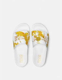 Versace Jeans Couture Baroque-Print White Slide Sandals with Gold Accent Detailing
