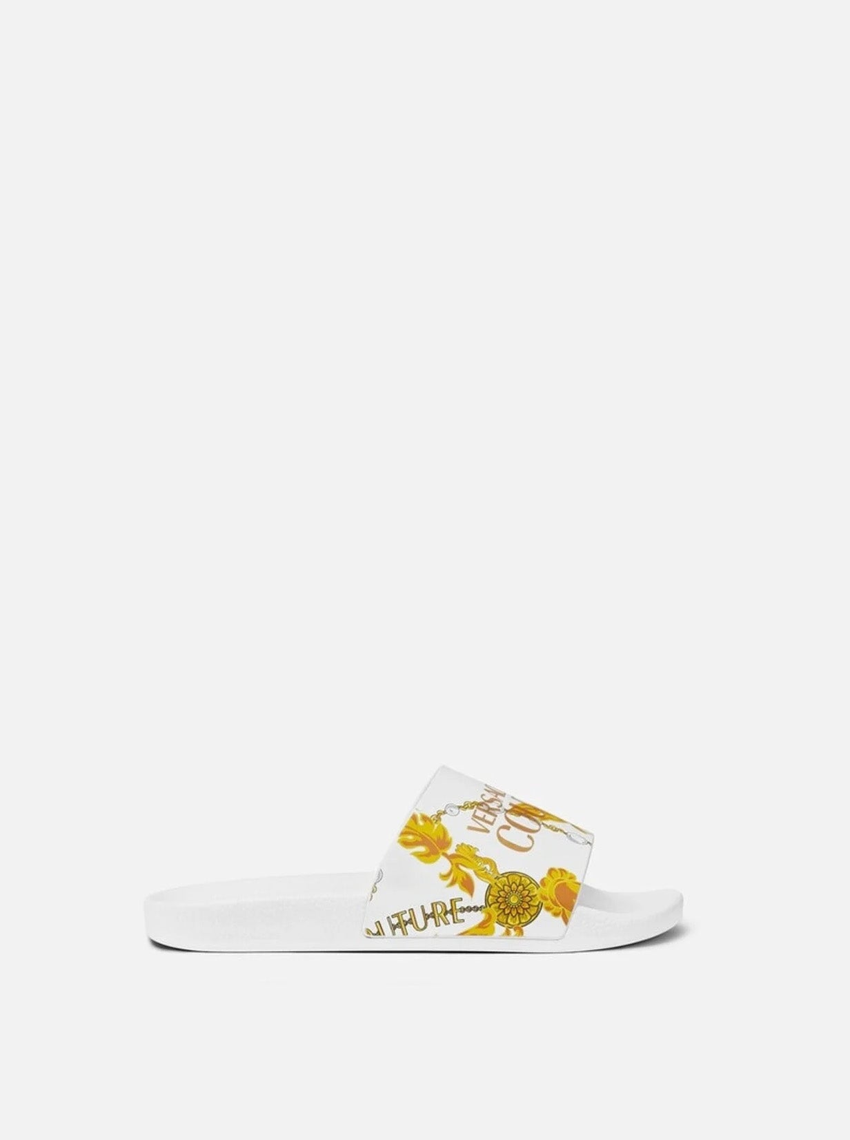 Versace Jeans Couture Baroque-Print White Slide Sandals with Gold Accent Detailing