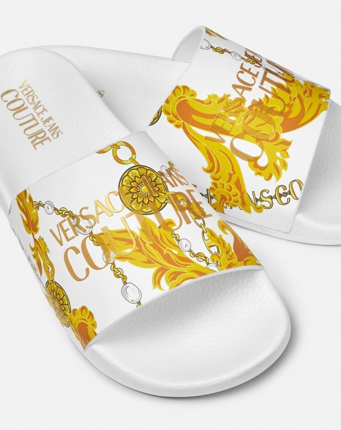 Versace Jeans Couture Baroque-Print White Slide Sandals with Gold