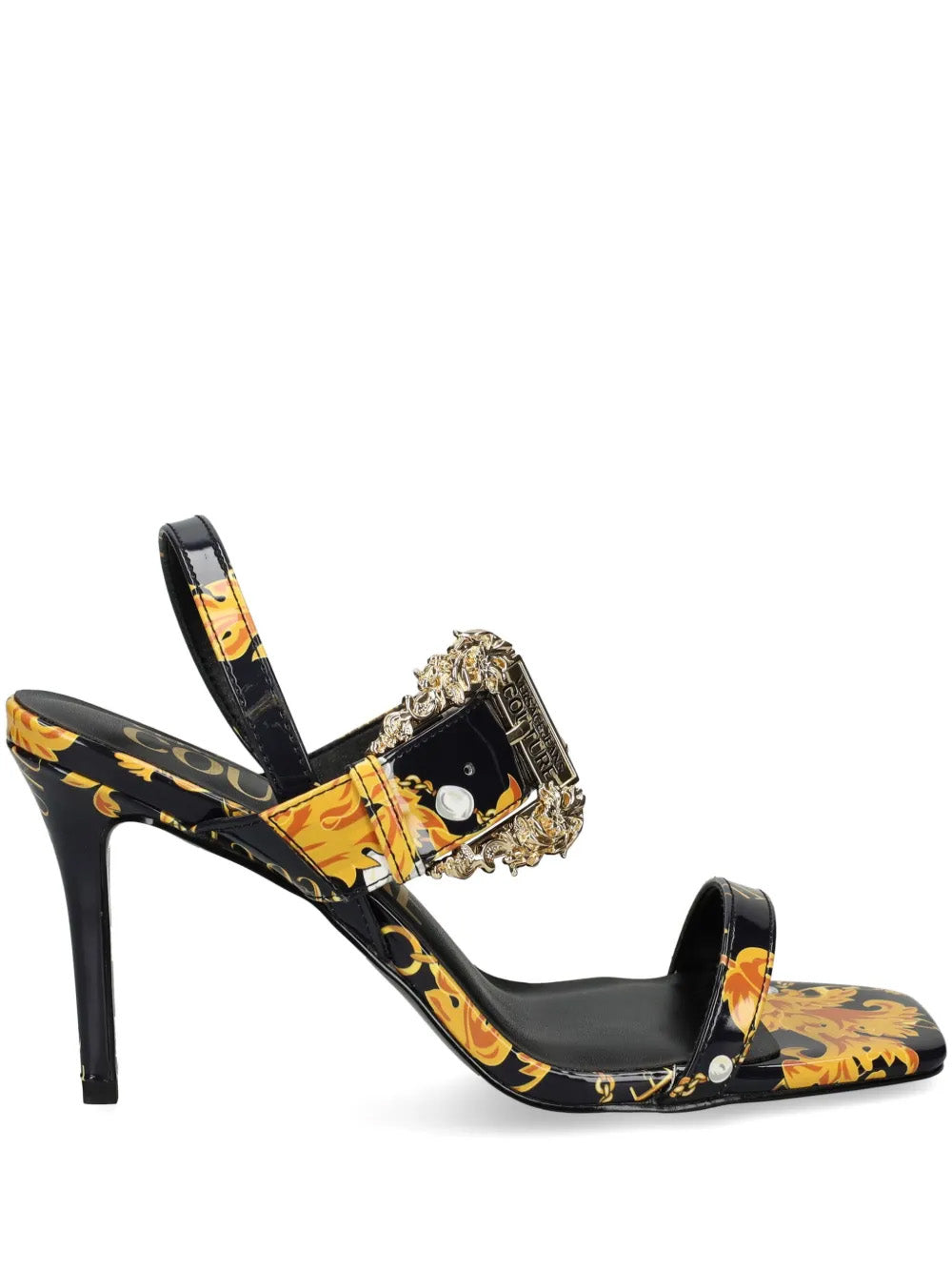 Versace Jeans Couture Baroque Buckle Strap Heeled Sandals